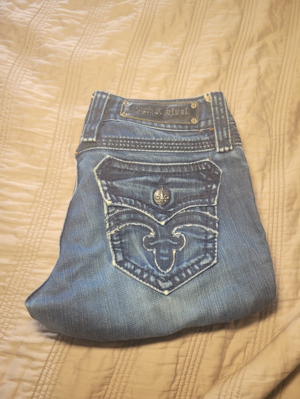 Rock Revival Women's Blue Straight Leg Jeans with Embroidered Back Pocket